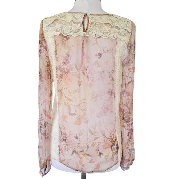 HAUTE HIPPIE Silk Chiffon Floral Print Blouse Lace Inset Sheer Top Size Medium - Picture 3 of 8